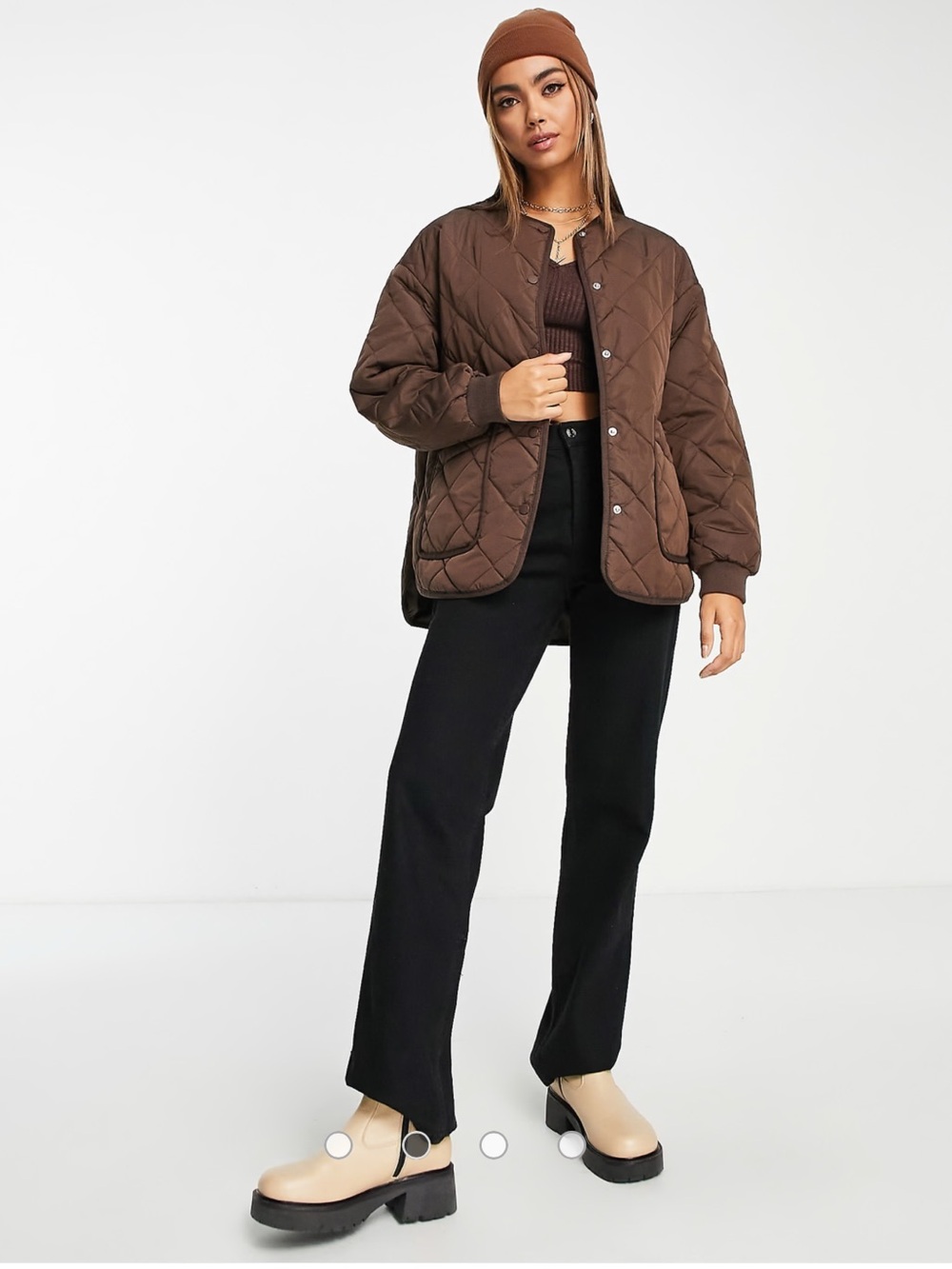 New Look quilted collarless jacket in brown